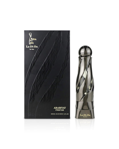 Arabiyat Prestige La Di Da For Him Eau de Parfum 100ml uomo con scatola originale su sfondo bianco