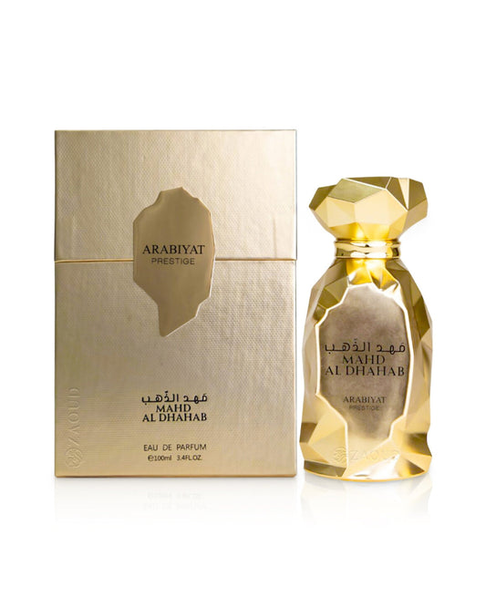 Arabiyat Prestige Mahd Al Dhahab Eau de Parfum 100ml unisex con scatola originale su sfondo bianco