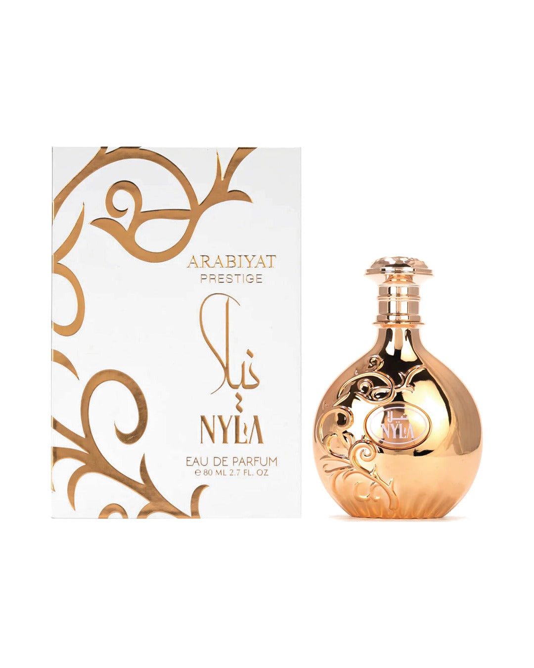 Arabiyat Prestige Nyla Eau de Parfum 80ml con scatola originale su sfondo bianco