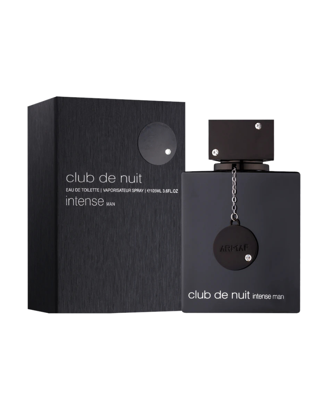 Profumo da uomo Armaf Club de Nuit Intense Man 105ml affiancato alla sua iconica scatola nera con texture a righe sottili.