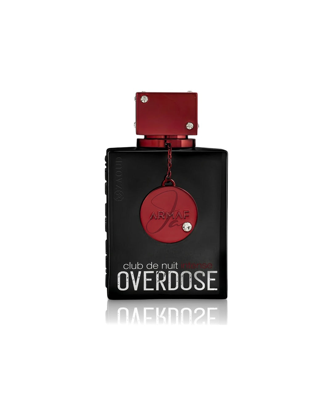 Flacone del profumo Armaf Club de Nuit Intense Overdose Eau de Parfum 105ml uomo su sfondo bianco