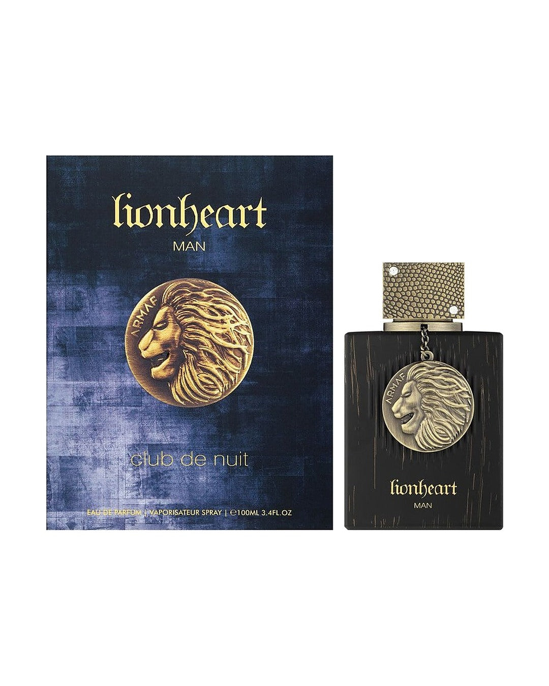 Armaf Club de Nuit Lionheart Man eau de parfum 100 ml uomo, flacone nero con medaglione leone dorato e confezione blu
