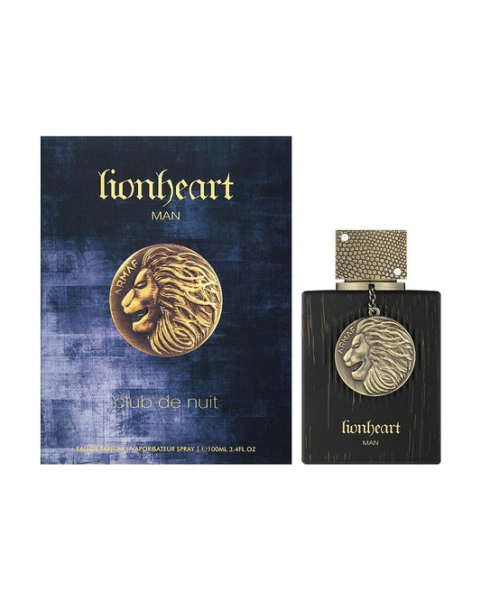 Armaf Club de Nuit Lionheart Man eau de parfum 100 ml uomo, flacone nero con medaglione leone dorato e confezione blu