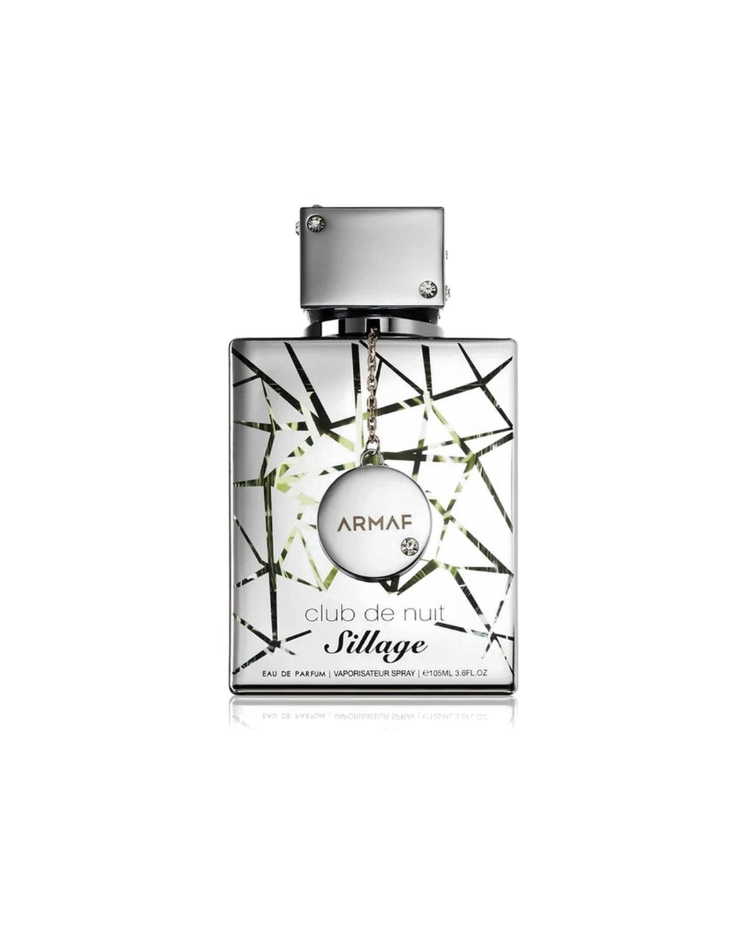 Flacone argentato a specchio del profumo Armaf Club de Nuit Sillage Eau de Parfum 105ml con pendente circolare incastonato di strass.