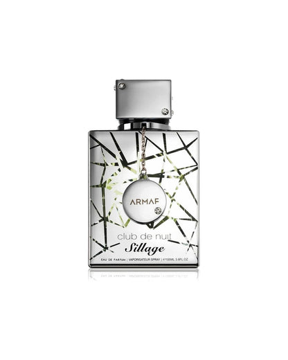 Flacone argentato a specchio del profumo Armaf Club de Nuit Sillage Eau de Parfum 105ml con pendente circolare incastonato di strass.