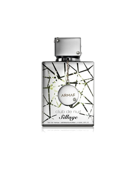 Flacone argentato a specchio del profumo Armaf Club de Nuit Sillage Eau de Parfum 105ml con pendente circolare incastonato di strass.