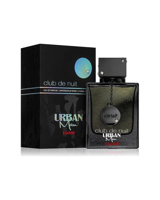 Armaf Club de Nuit Urban Man Elixir eau de parfum 105 ml uomo, flacone nero con medaglione Armaf e confezione
