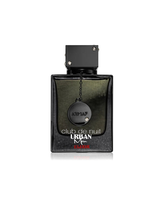 Flacone Armaf Club de Nuit Urban Man Elixir 105 ml in vetro nero con ciondolo metallico