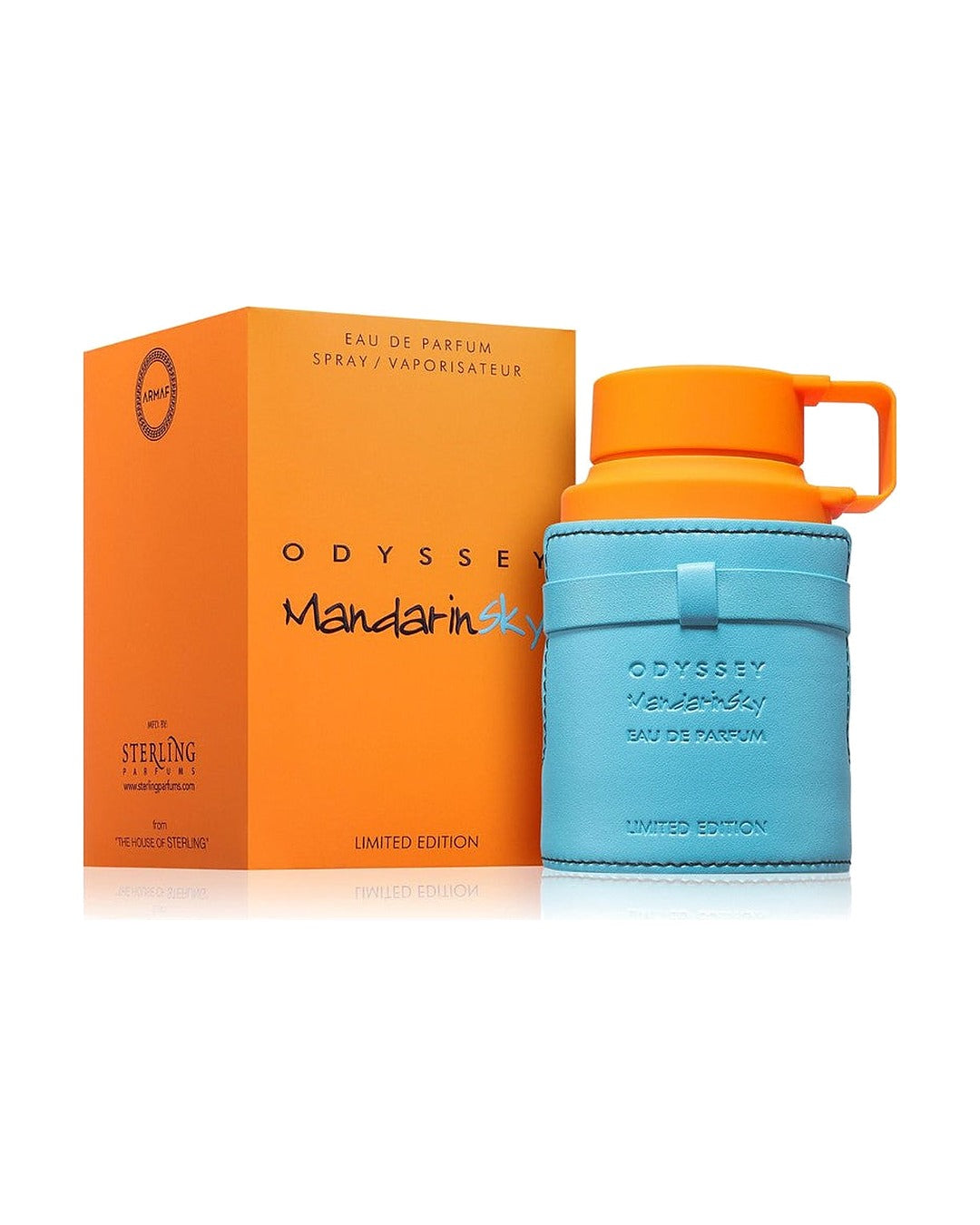 Armaf Odyssey Mandarin Sky Limited Edition, eau de parfum 100ml uomo: flacone in pelle azzurra con tappo arancione e confezione arancione