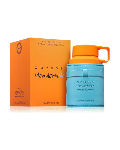 Armaf Odyssey Mandarin Sky Limited Edition, eau de parfum 100ml uomo: flacone in pelle azzurra con tappo arancione e confezione arancione