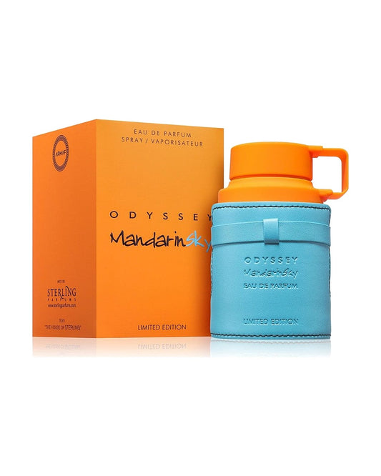 Armaf Odyssey Mandarin Sky Limited Edition, eau de parfum 100ml uomo: flacone in pelle azzurra con tappo arancione e confezione arancione