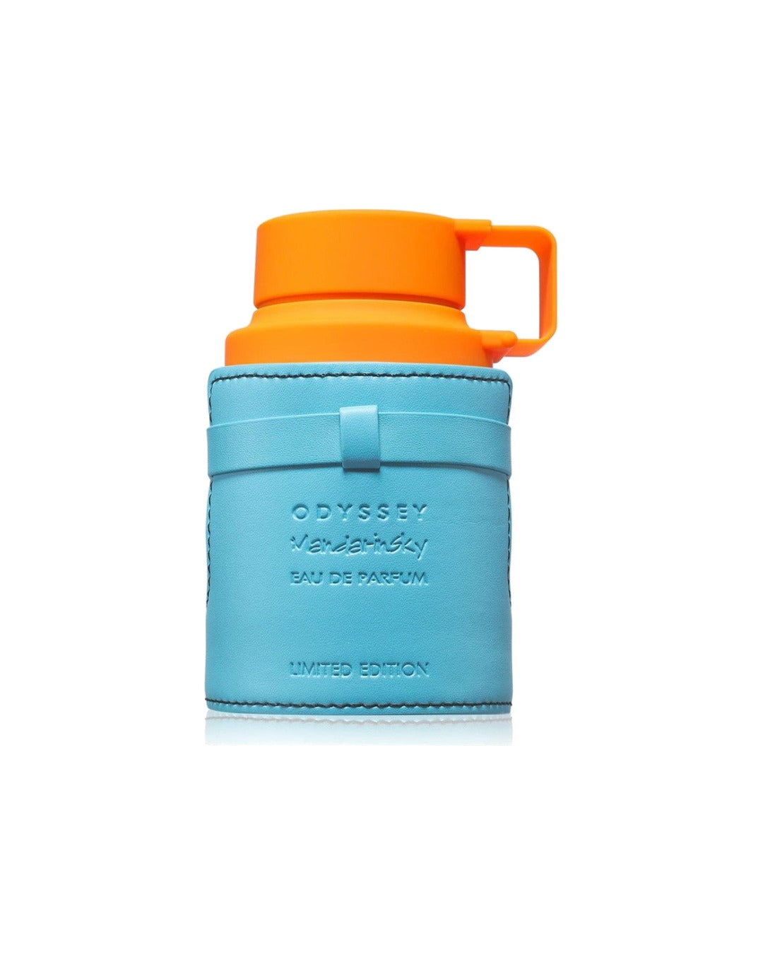 Flacone Armaf Odyssey Mandarin Sky Limited Edition fasciato in pelle azzurra con scritte in rilievo e tappo arancione
