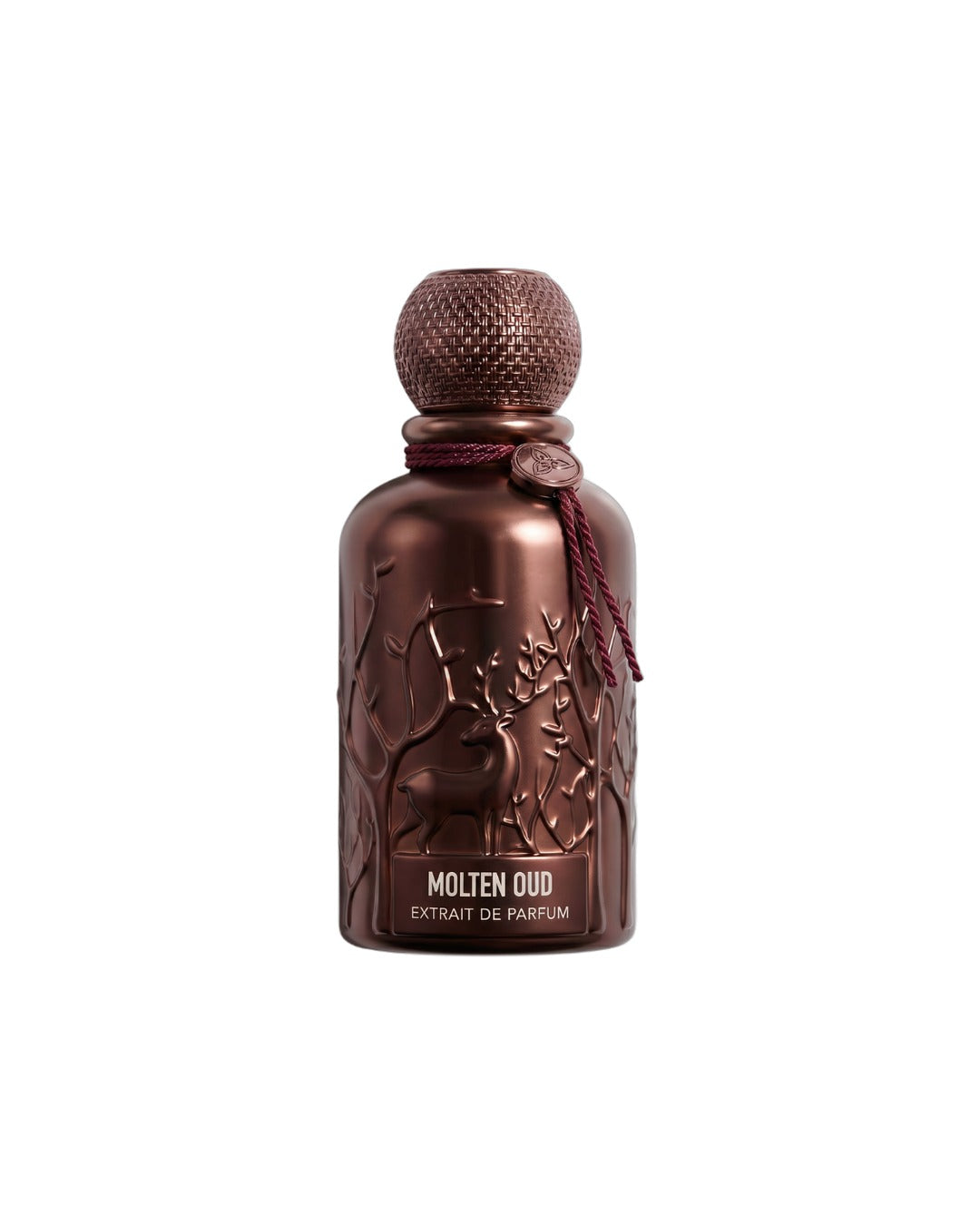 Flacone del profumo Auraa Desire Molten Oud Extrait de Parfum 100ml unisex su sfondo bianco