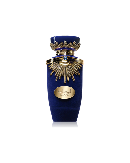 Dettaglio del lussuoso flacone in velluto blu del profumo Lattafa Emaan, sormontato da una maestosa scultura dorata a raggiera sul colletto e tappo blu