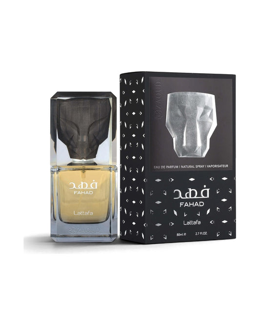 Lattafa Fahad Eau de Parfum 80ml uomo con scatola originale su sfondo bianco