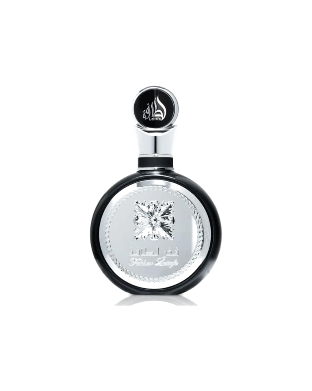 Flacone nero e argento del profumo Lattafa Fakhar Men Eau de Parfum 100ml uomo