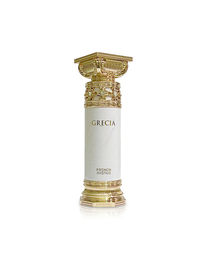 Flacone del profumo French Avenue Grecia White Eau de Parfum 100ml donna su sfondo bianco