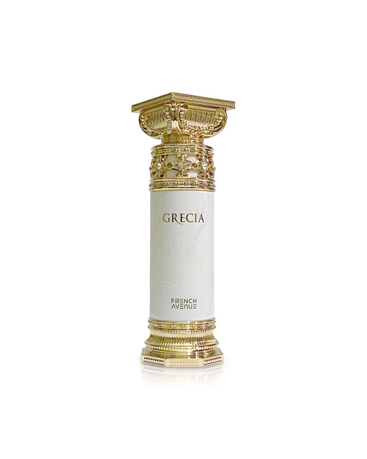 Flacone del profumo French Avenue Grecia White Eau de Parfum 100ml donna su sfondo bianco
