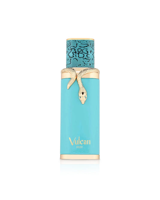 Flacone del profumo French Avenue Vulcan Feu Eau de Parfum 100ml unisex su sfondo bianco