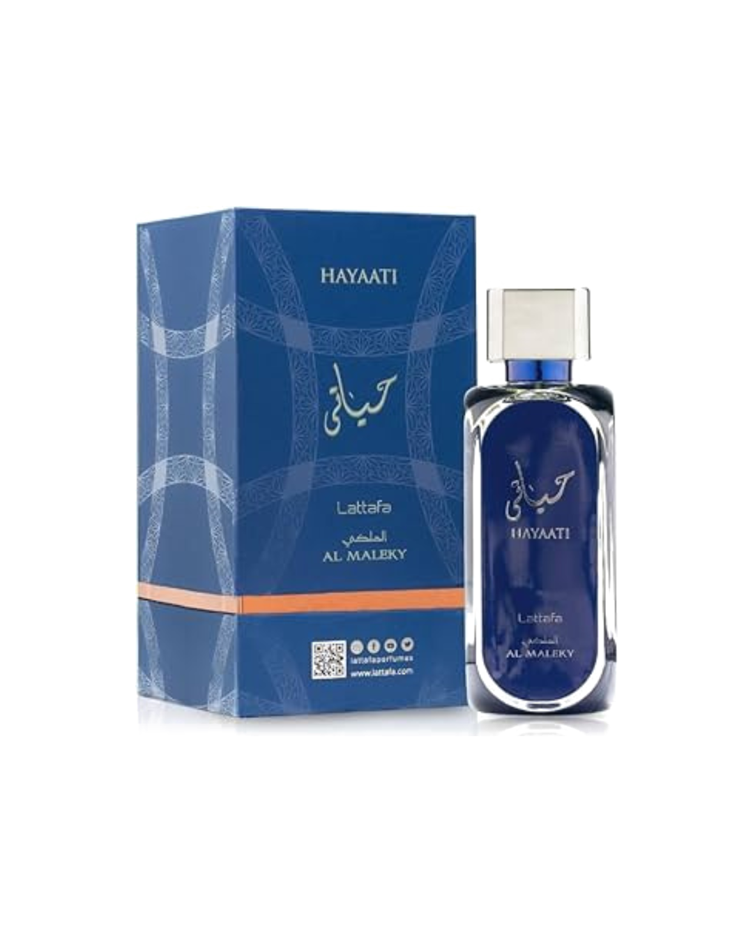 Profumo Hayaati Al Maleky di Lattafa. Vista completa con l'elegante scatola blu decorata e il flacone in vetro blu profondo con scritte argento.