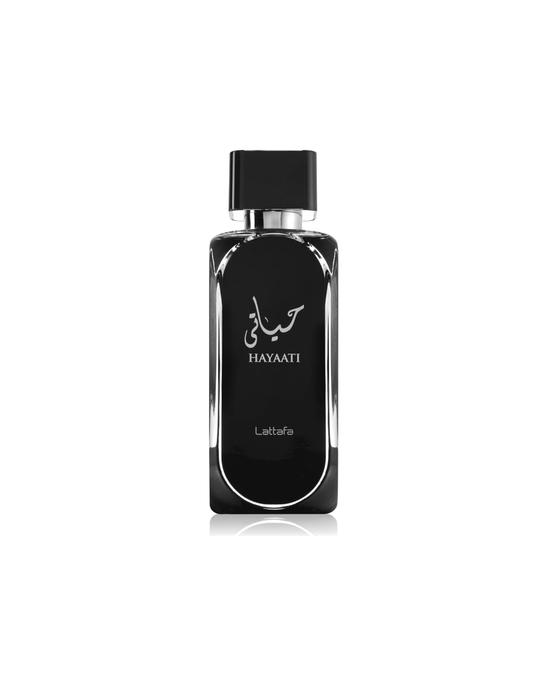 Dettaglio del flacone in vetro nero del profumo Lattafa Hayaati, con calligrafia araba e tappo argentato e nero.