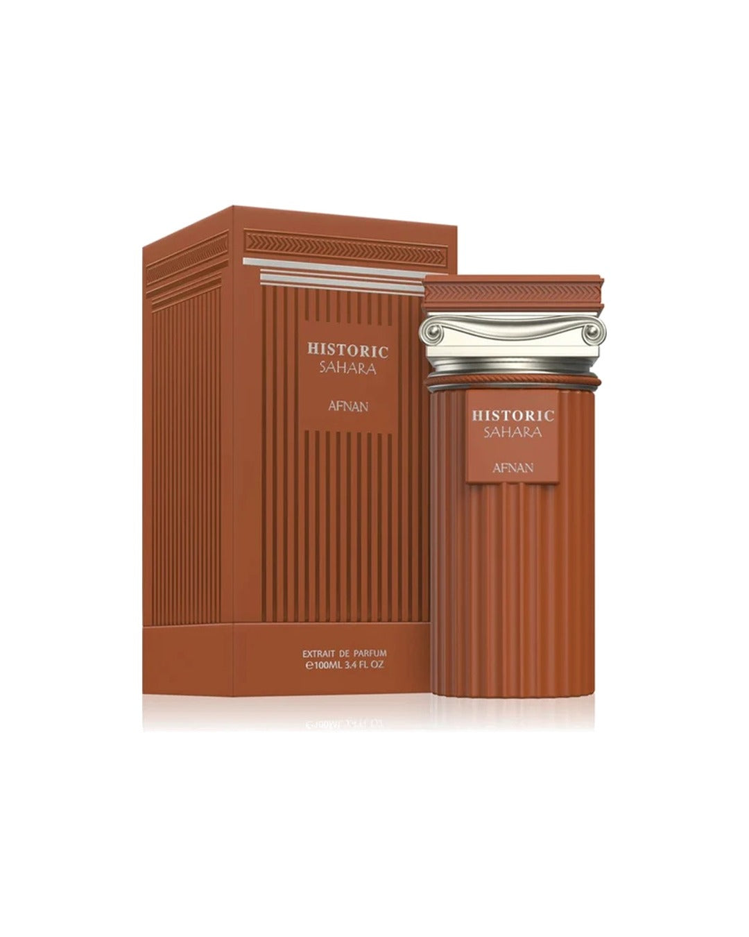Profumo unisex Historic Sahara di Afnan. Vista completa con flacone a forma di colonna classica e la sua elegante scatola color terracotta.
