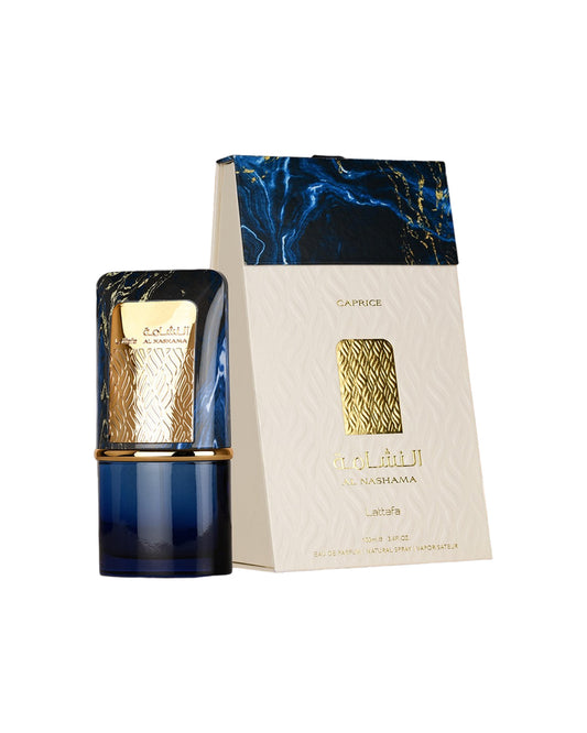Lattafa Al Nashama Caprice Eau de Parfum 100ml donna con scatola originale su sfondo bianco