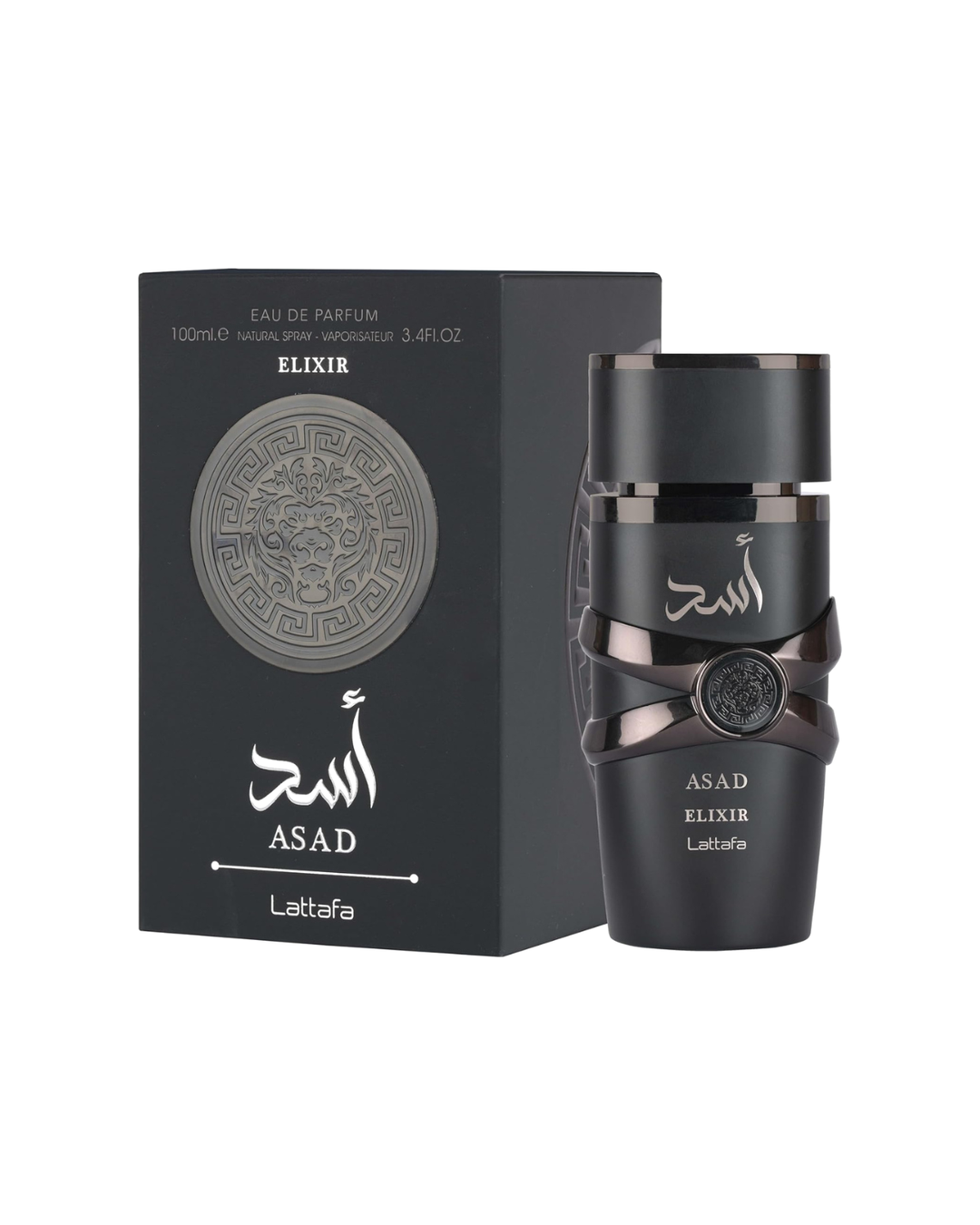 Profumo da uomo Lattafa Asad Elixir 100ml affiancato alla sua elegante scatola nera originale con finiture oro e scritte in rilievo.