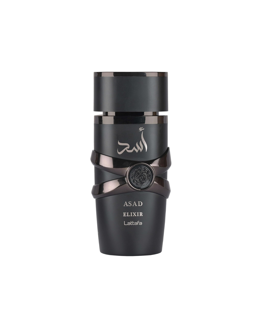 Primo piano del massiccio flacone nero opaco con dettagli e scritte metalliche dorate del profumo da uomo Lattafa Asad Elixir Eau de Parfum 100ml