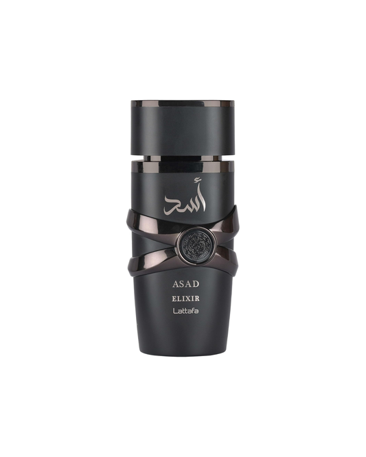 Primo piano del massiccio flacone nero opaco con dettagli e scritte metalliche dorate del profumo da uomo Lattafa Asad Elixir Eau de Parfum 100ml