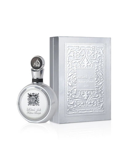 Lattafa Fakhar Platin Eau de Parfum 100ml uomo con scatola originale su sfondo bianco