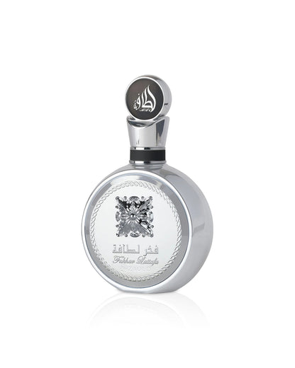 Flacone del profumo Lattafa Fakhar Platin Eau de Parfum 100ml uomo su sfondo bianco