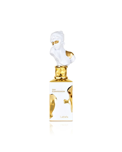 Flacone del profumo Lattafa Her Confession Eau de Parfum 100ml donna su sfondo bianco