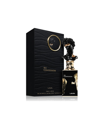 Lattafa His Confession Eau de Parfum 100ml uomo con scatola originale su sfondo bianco
