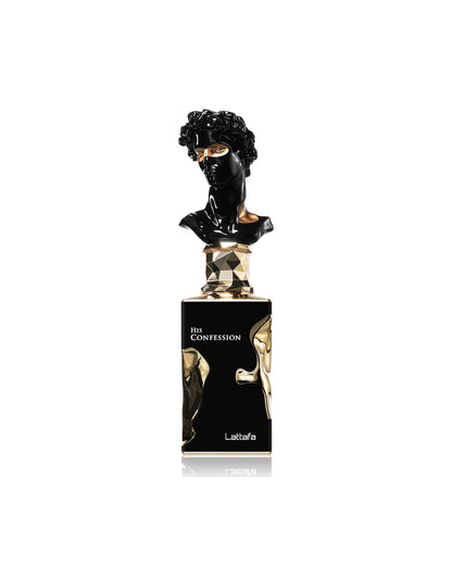 Flacone del profumo Lattafa His Confession Eau de Parfum 100ml uomo su sfondo bianco