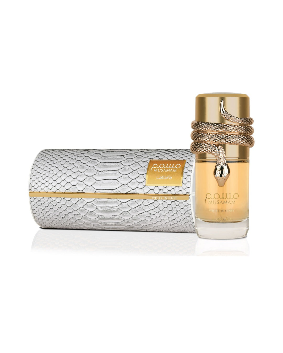 Lattafa Musamam White Intense Eau de Parfum 100ml unisex con scatola originale su sfondo bianco