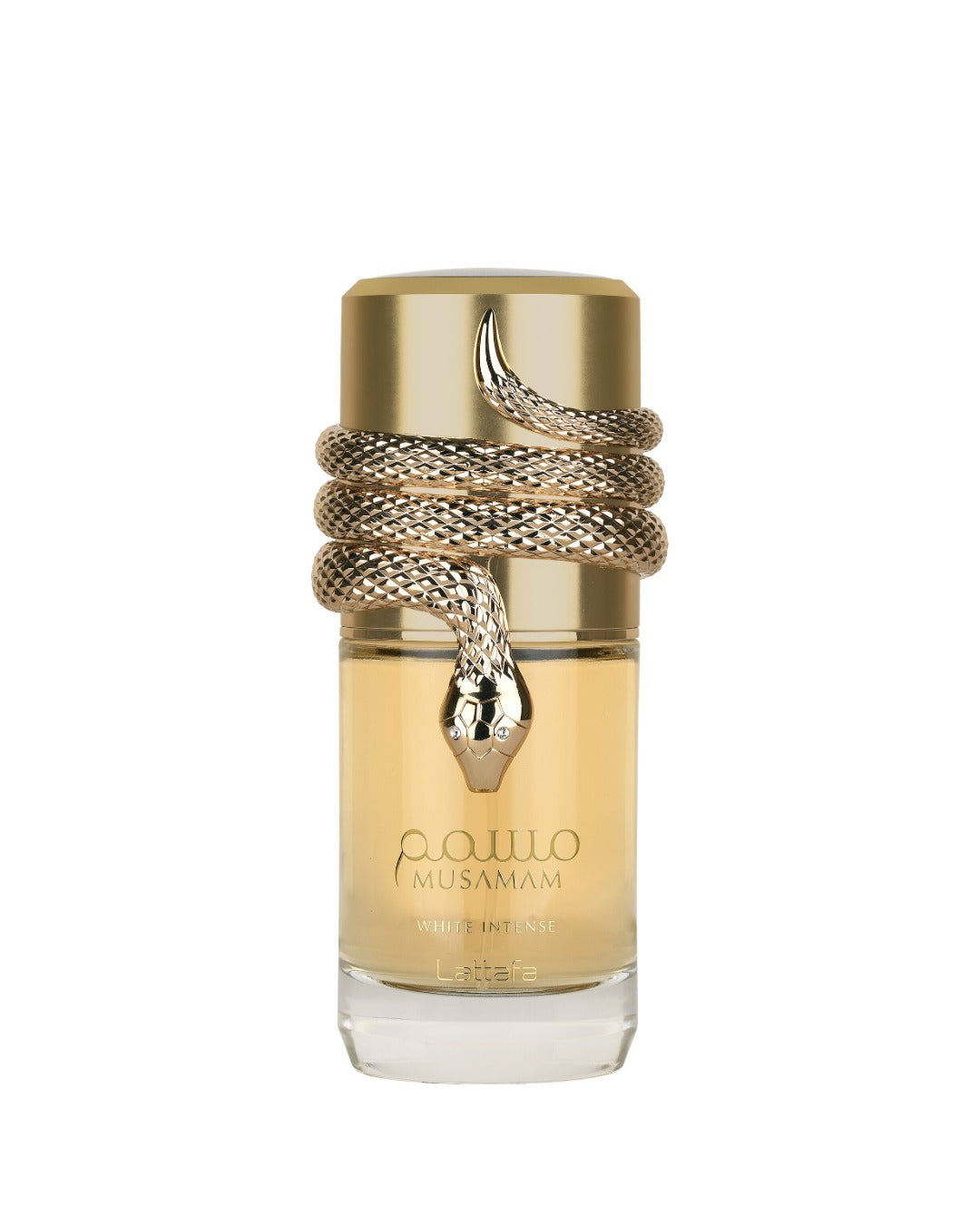 Flacone del profumo Lattafa Musamam White Intense Eau de Parfum 100ml unisex su sfondo bianco