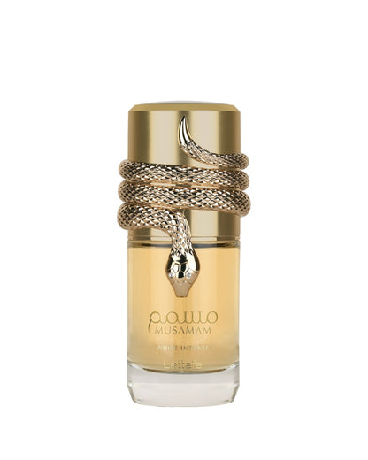 Flacone del profumo Lattafa Musamam White Intense Eau de Parfum 100ml unisex su sfondo bianco