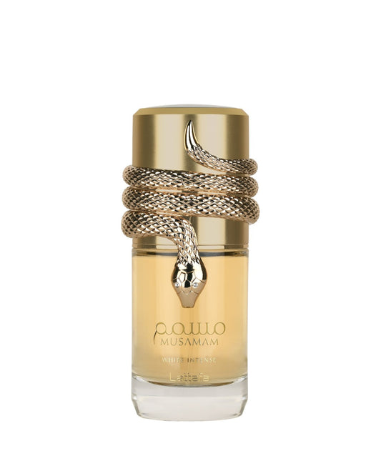 Flacone del profumo Lattafa Musamam White Intense Eau de Parfum 100ml unisex su sfondo bianco