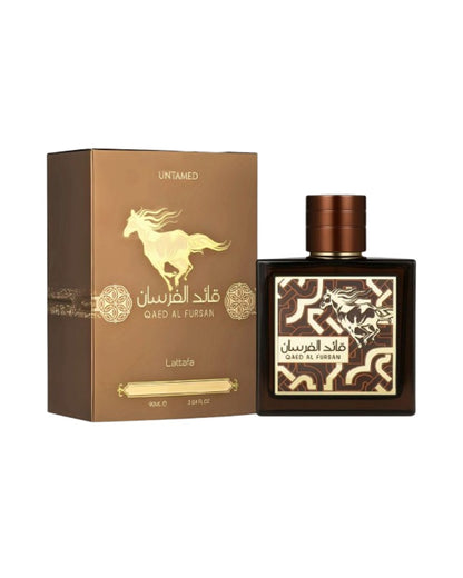 Lattafa Qaed Al Fursan Untamed Eau de Parfum 90ml unisex con scatola originale su sfondo bianco