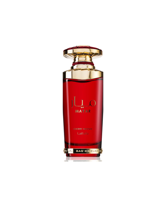 Dettaglio del flacone in vetro rosso intenso del profumo Lattafa Mayar Cherry Intense, con scritte e tappo lavorato color oro lucido