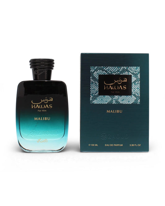Rasasi Hawas Malibu Eau de Parfum 100ml uomo con scatola originale su sfondo bianco
