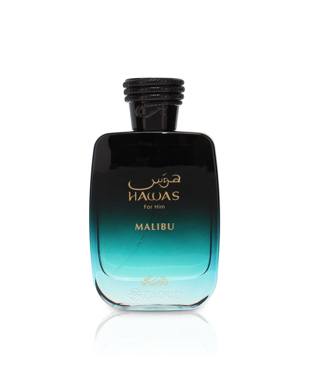 Flacone del profumo Rasasi Hawas Malibu Eau de Parfum 100ml uomo su sfondo bianco