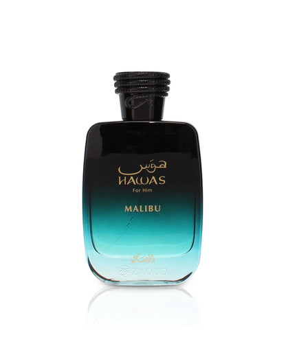 Flacone del profumo Rasasi Hawas Malibu Eau de Parfum 100ml uomo su sfondo bianco