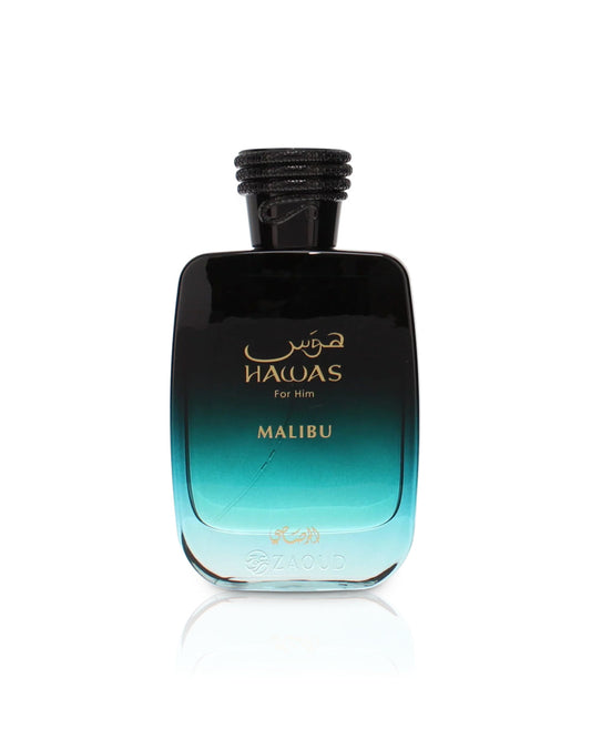 Flacone del profumo Rasasi Hawas Malibu Eau de Parfum 100ml uomo su sfondo bianco