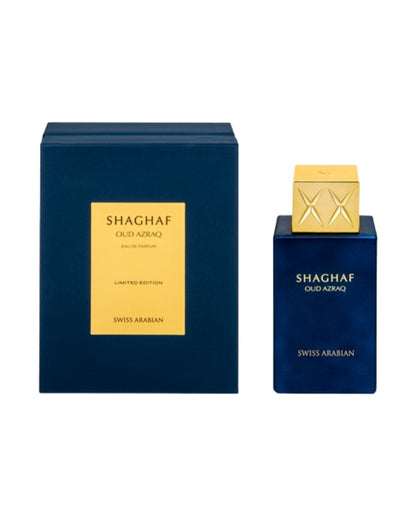 Swiss Arabian Shaghaf Oud Azraq Eau de Parfum 75ml unisex con scatola originale su sfondo bianco