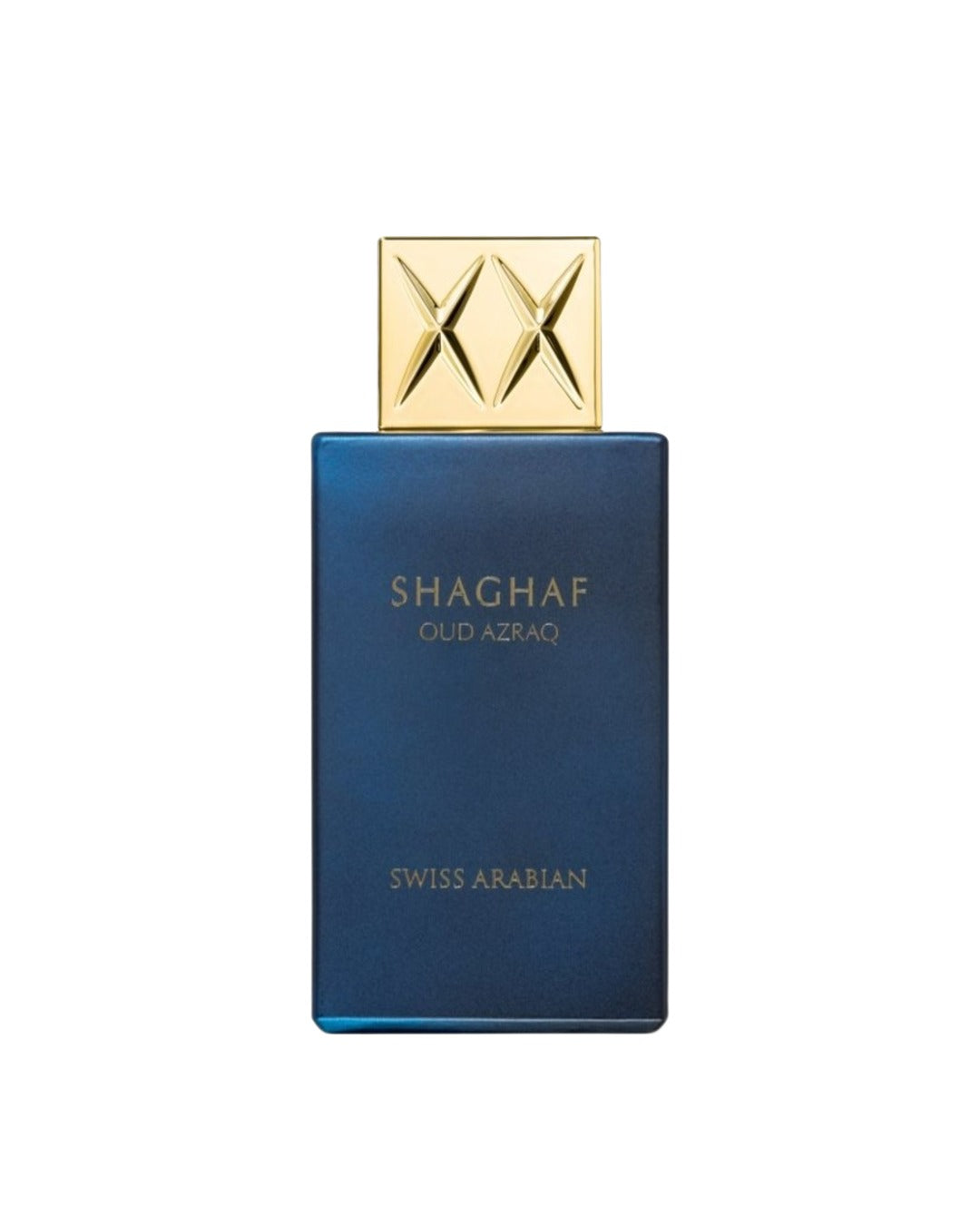 Flacone del profumo Swiss Arabian Shaghaf Oud Azraq Eau de Parfum 75ml unisex su sfondo bianco