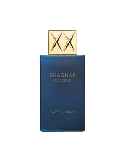 Flacone del profumo Swiss Arabian Shaghaf Oud Azraq Eau de Parfum 75ml unisex su sfondo bianco