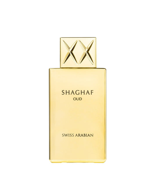 Flacone del profumo Swiss Arabian Shaghaf Oud Eau de Parfum 75ml unisex su sfondo bianco