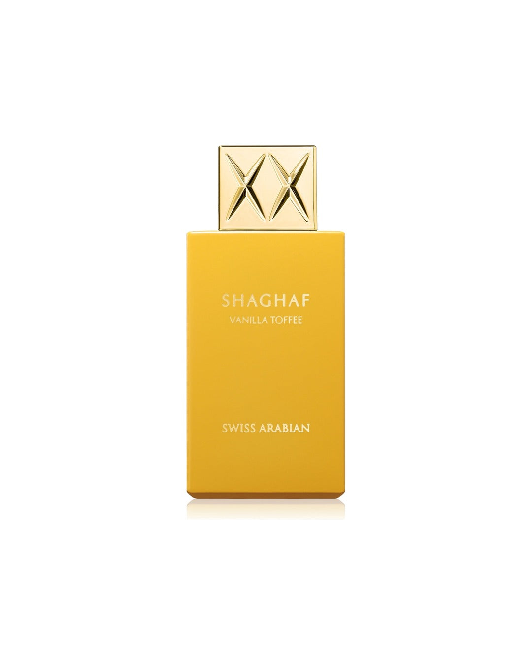 Flacone del profumo Swiss Arabian Shaghaf Vanilla Toffee Eau de Parfum 75ml unisex su sfondo bianco